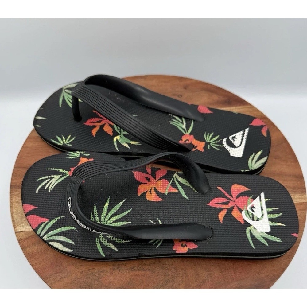 Quicksilver Youth Flip Flops Black Tropical Print Thongs Sandals Beach Casual 13
